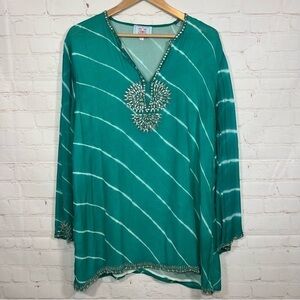 Lotus London Silk Beach Coverup Tunic Top Beaded 2X Green Lightweight Detailed